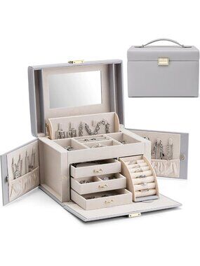 Elegant Grey Mirrored Jewelry Box Organizer with Multiple Compartments & Velvet